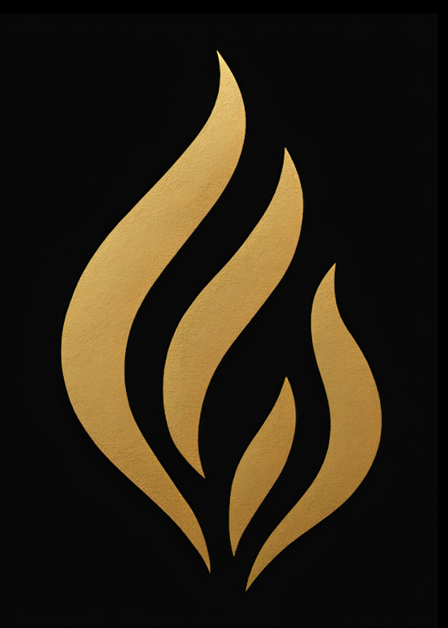 Elegant gold flame-shaped logo on black background.