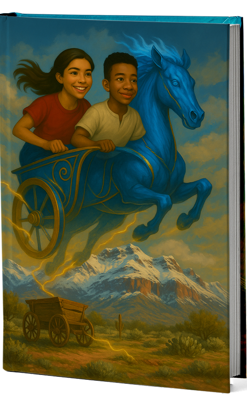 Children riding magical blue horse