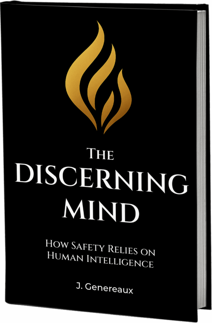 Book cover titled 'The Discerning Mind' about AI and safety.