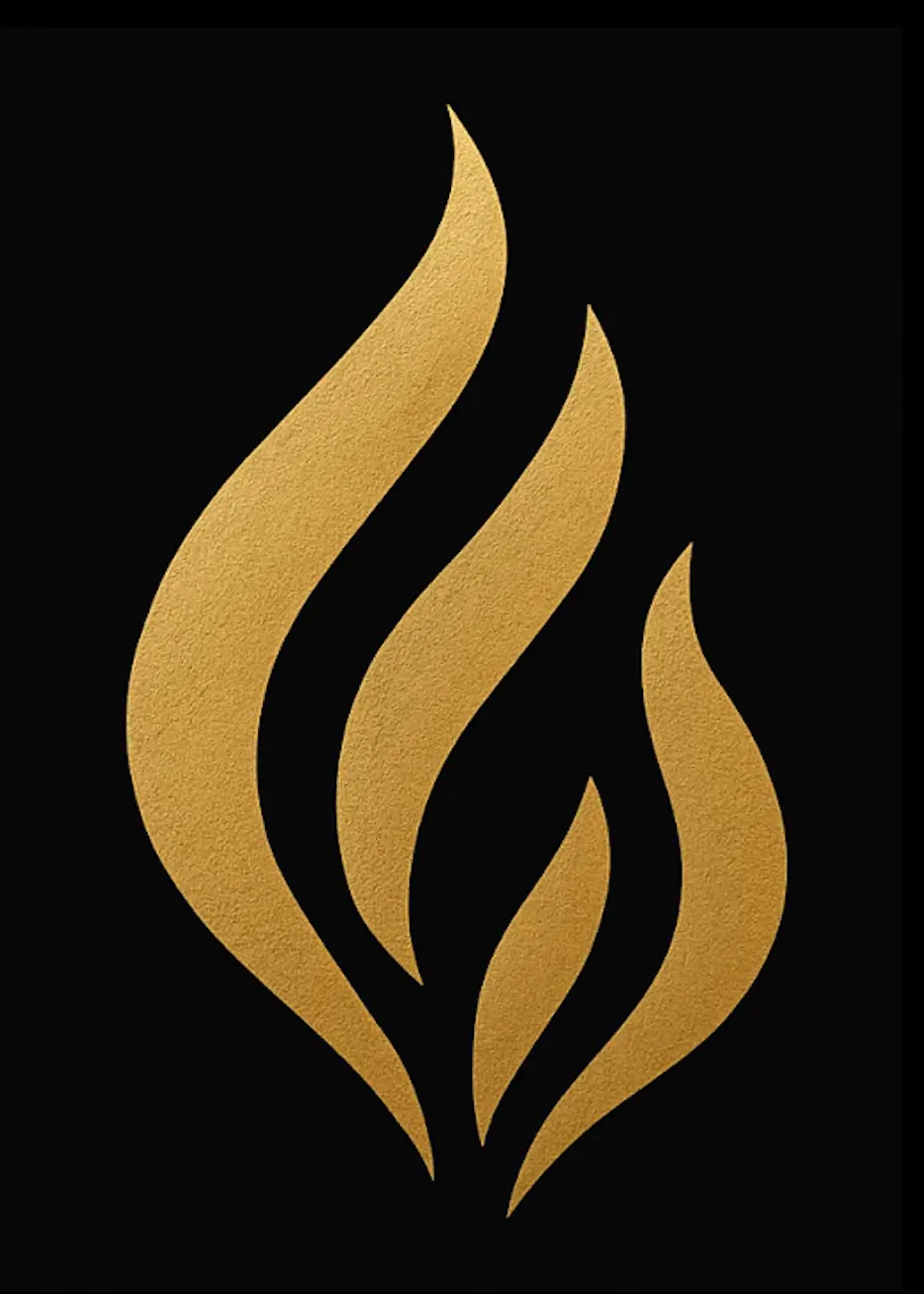 Stylized golden flame design on a black background.